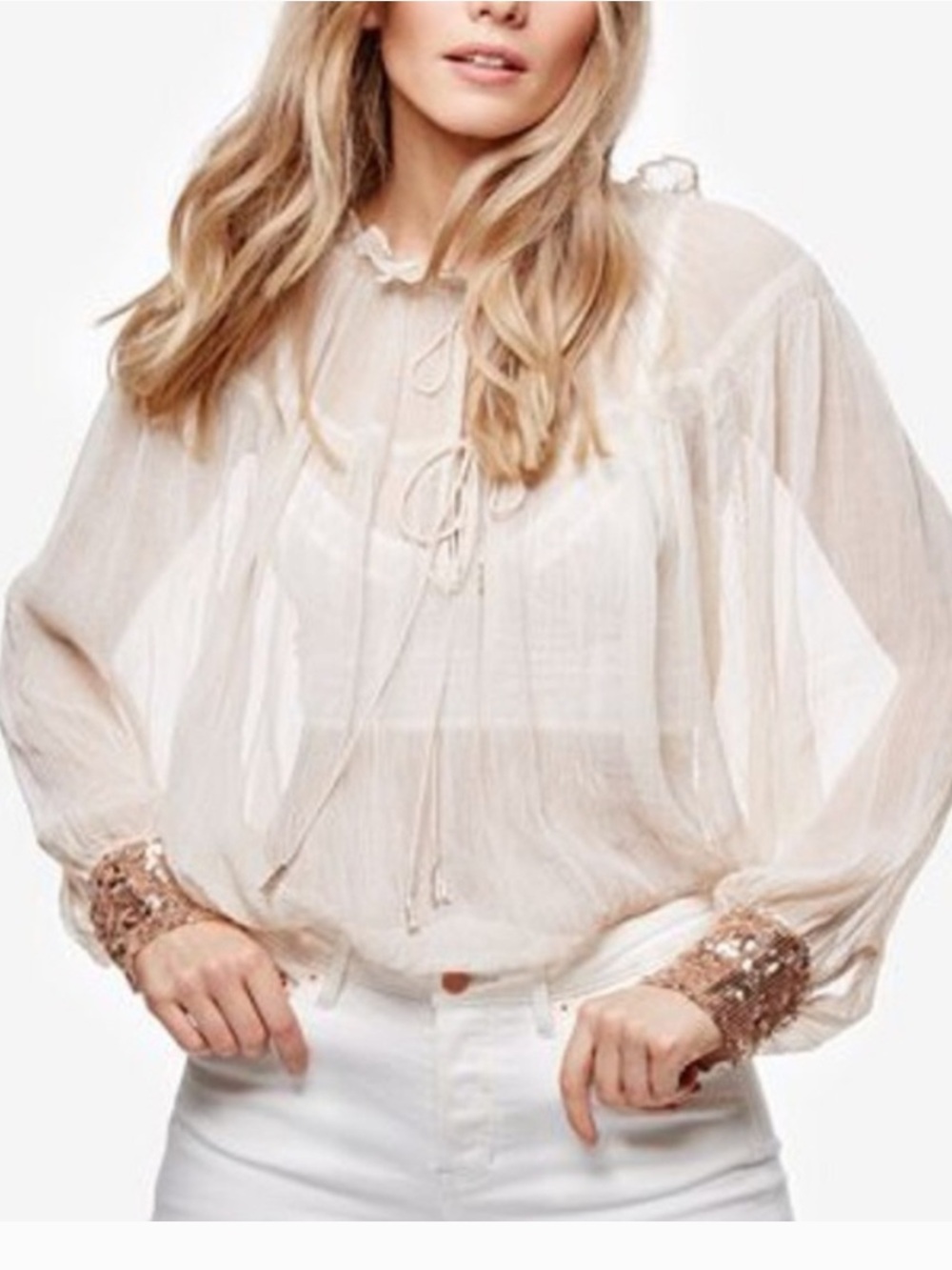 Free People Sheer Ivory Cupro Blouse Sequin Cuff Boho Poet Sleeve Size XS